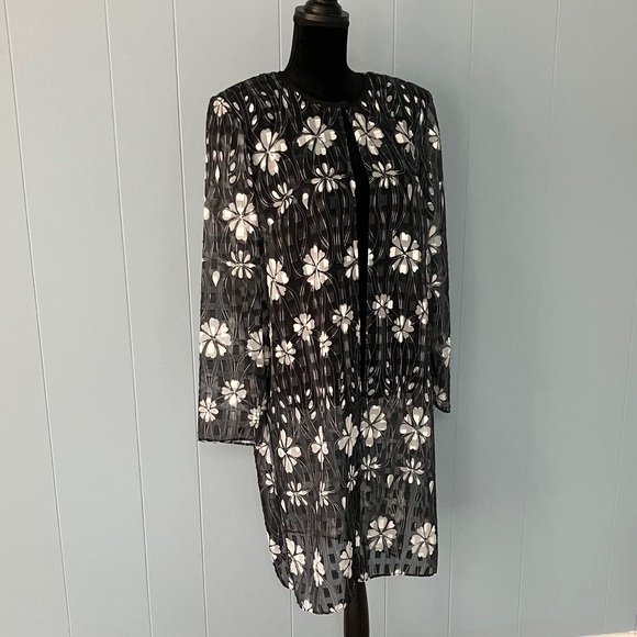 VTG R&M Richards By Karen Kwong Sheer Black White Floral Open Front Duster Y2K - Picture 3 of 8